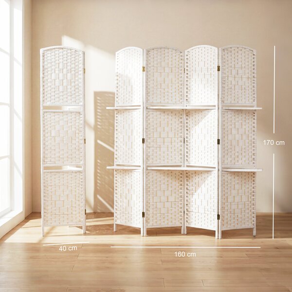 HOMCOM Paravento da Interno a 4 Pannelli Pieghevole con Mensole 160x170 cm, Bianco | Aosom Italy