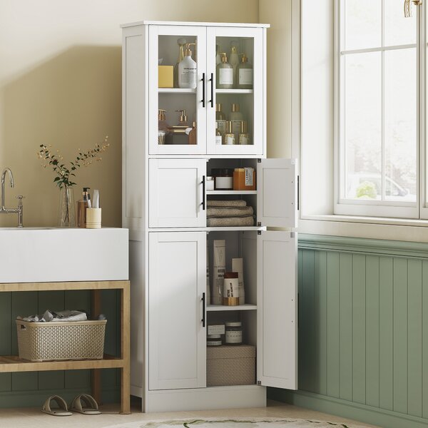 HOMCOM Mobile Bagno Alto Slim 170cm, a 6 Ripiani con Ante in Vetro, Ripiani Regolabili, per Salotto Soggiorno Cucina, Moderno, 60x30x170 cm, Bianco | Aosom Italy