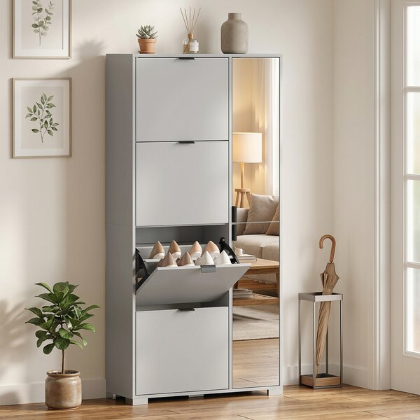 HOMCOM Scarpiera con Specchio, 4 Cassetti Ribalta, Scarpiera Ingresso, Grigio | Aosom Italy