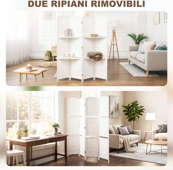 HOMCOM Paravento da Interno a 4 Pannelli Pieghevole con Mensole 160x170 cm, Bianco | Aosom Italy