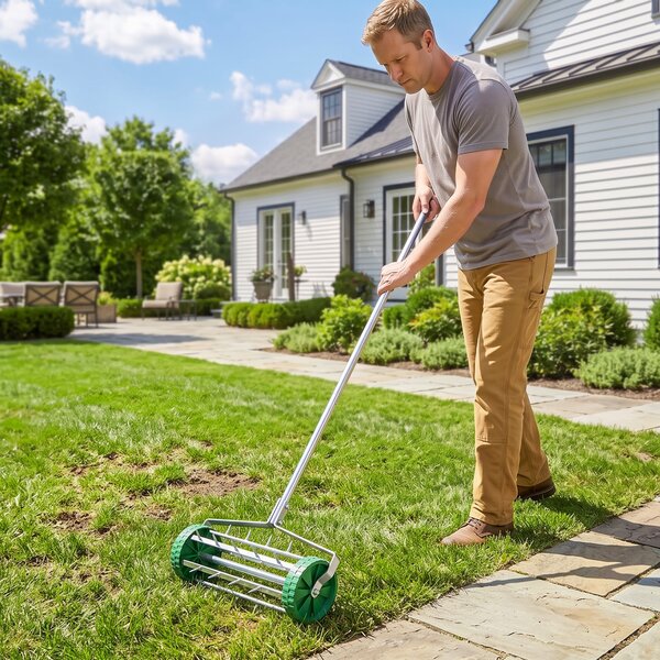 Outsunny Rastrello Scarificatore con Ruote da Giardino in Ferro zincato 135×42×15cm, Verde e argento | Aosom Italy