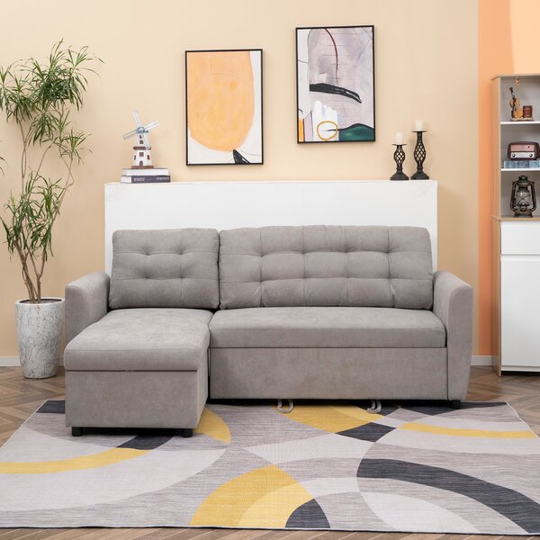 HOMCOM Divano Letto 3 Posti con Vano Contenitore in Tessutto Effetto Lino, Divano Letto Penisola, 217x134x85 cm, Grigio | Aosom Italy