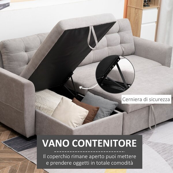 HOMCOM Divano Letto 3 Posti con Vano Contenitore in Tessutto Effetto Lino, Divano Letto Penisola, 217x134x85 cm, Grigio | Aosom Italy