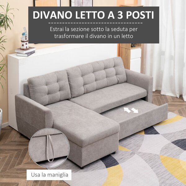 HOMCOM Divano Letto 3 Posti con Vano Contenitore in Tessutto Effetto Lino, Divano Letto Penisola, 217x134x85 cm, Grigio | Aosom Italy