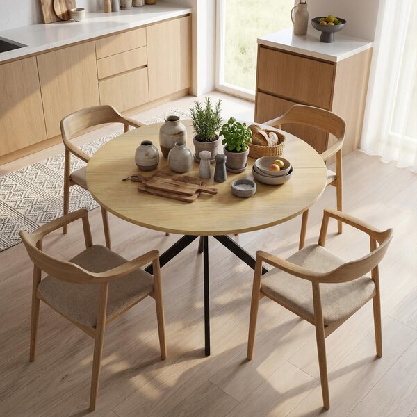 Tavolo da Pranzo Rotondo Stile Industriale Ø100x75 cm con Piano in Truciolare e Gambe a Croce in Acciaio Quercia