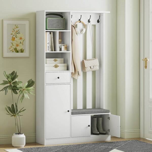 HOMCOM Appendiabiti 180 cm con Panca Porta Scarpe, Soluzione 4-in-1 con Ripiano Regolabile, 4 Ganci e Scomparti Aperti, per Ingresso Soggiorno, Bianco | Aosom Italy