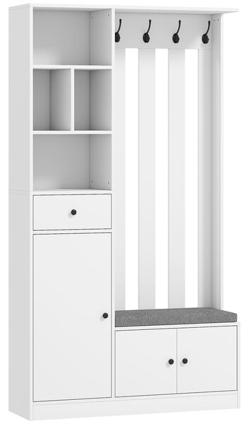 HOMCOM Appendiabiti 180 cm con Panca Porta Scarpe, Soluzione 4-in-1 con Ripiano Regolabile, 4 Ganci e Scomparti Aperti, per Ingresso Soggiorno, Bianco | Aosom Italy