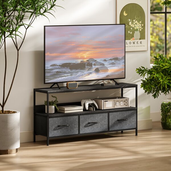 HOMCOM Mobile Porta TV da 55" con Cassetti Pieghevoli in Tessuto e Mensola in Metallo e MDF, 120x29x56cm, Nero | Aosom Italy