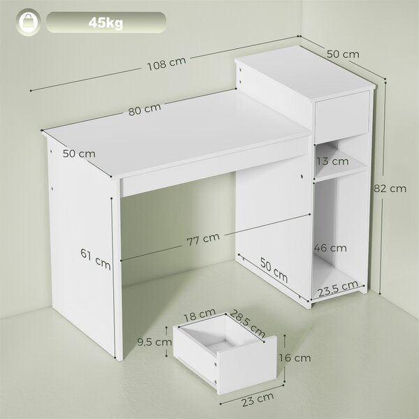 HOMCOM Scrivania per Studio e Scrittura con Cassetto e Scaffali, 108x50x82 cm, Bianco | Aosom Italy