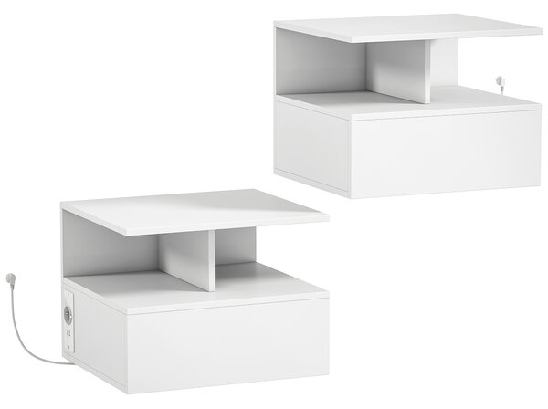 HOMCOM Set 2 Comodini Sospesi: Stazione di Ricarica, Cassetto, Scaffale, Bianco | Aosom Italy