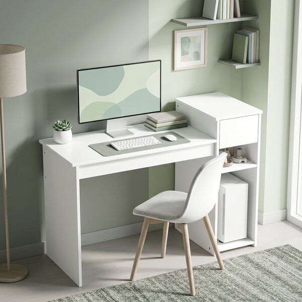 HOMCOM Scrivania per Studio e Scrittura con Cassetto e Scaffali, 108x50x82 cm, Bianco | Aosom Italy