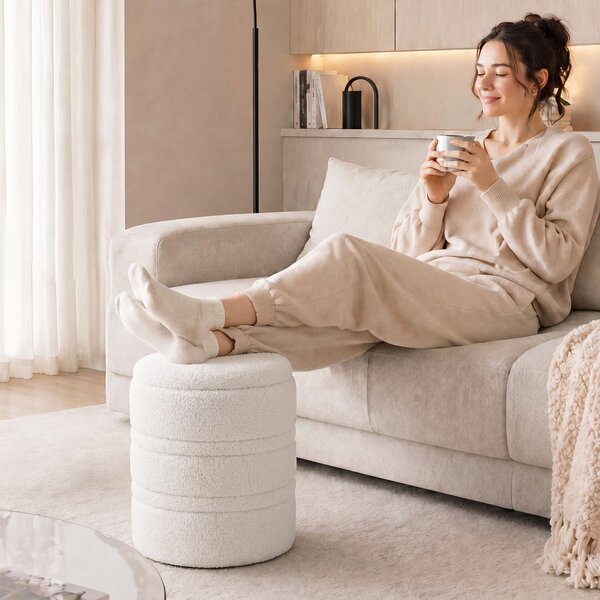 HOMCOM Pouf Contenitore Rotondo 33L in Tessuto Sherpa con Coperchio, Capacità 120kg, per Soggiorno e Ingresso, Bianco | Aosom Italy