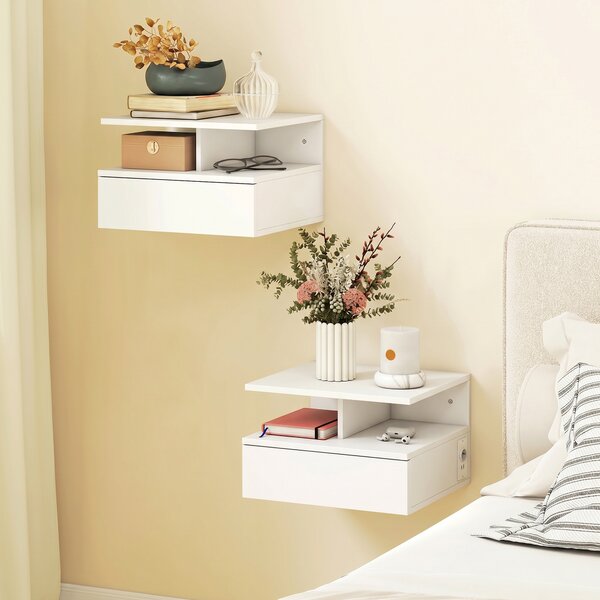 HOMCOM Set 2 Comodini Sospesi: Stazione di Ricarica, Cassetto, Scaffale, Bianco | Aosom Italy