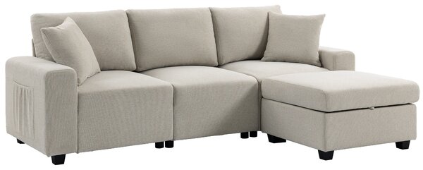 HOMCOM Divano Angolare 3 Posti in Tessuto Effetto Lino con Contenitore Poggiapiedi Rimovibile, 2 Cuscini, Beige | Aosom Italy
