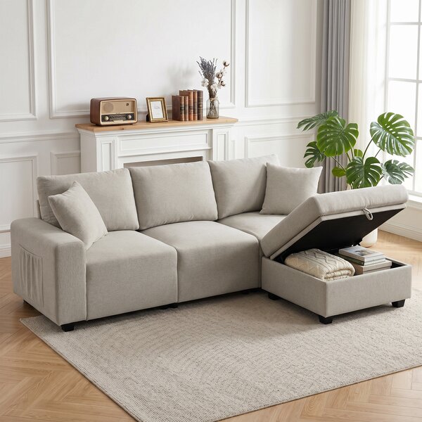 HOMCOM Divano Angolare 3 Posti in Tessuto Effetto Lino con Contenitore Poggiapiedi Rimovibile, 2 Cuscini, Beige | Aosom Italy
