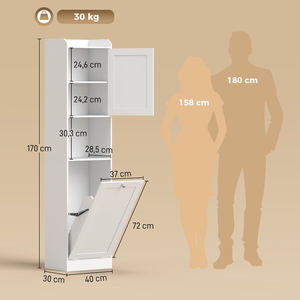 HOMCOM Mobile Alto Bagno con Cesto Ribalta, Mobiletto Salvaspazio Mensole, Bianco | Aosom Italy