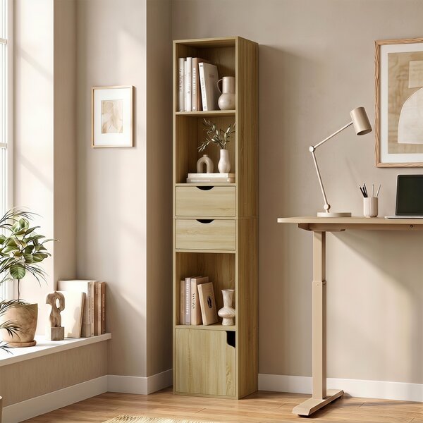HOMCOM Libreria 6 Ripiani Con Cassetto, Sportello, Mensole Aperte, 30x24x158 Cm, Rovere | Aosom Italy