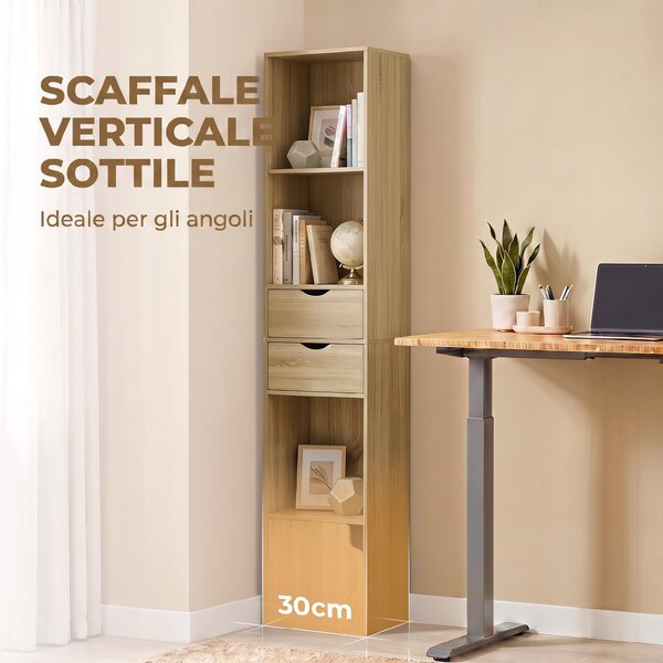 HOMCOM Libreria 6 Ripiani Con Cassetto, Sportello, Mensole Aperte, 30x24x158 Cm, Rovere | Aosom Italy