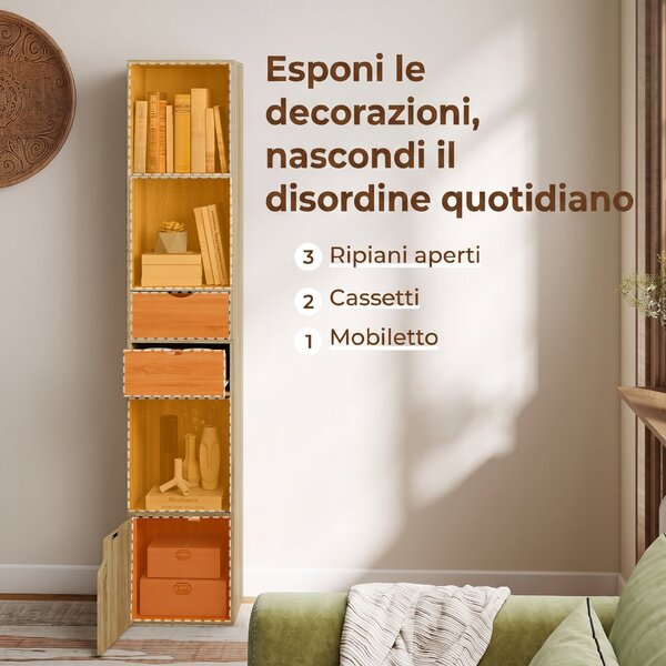 HOMCOM Libreria 6 Ripiani Con Cassetto, Sportello, Mensole Aperte, 30x24x158 Cm, Rovere | Aosom Italy