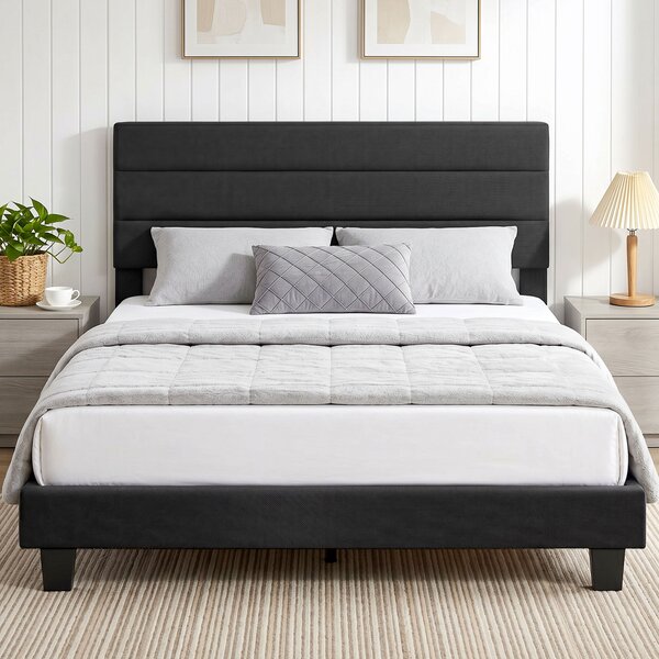 Letto Matrimoniale 164x208x107-112 cm con Testiera Regolabile in Tessuto Effetto Lino Nero