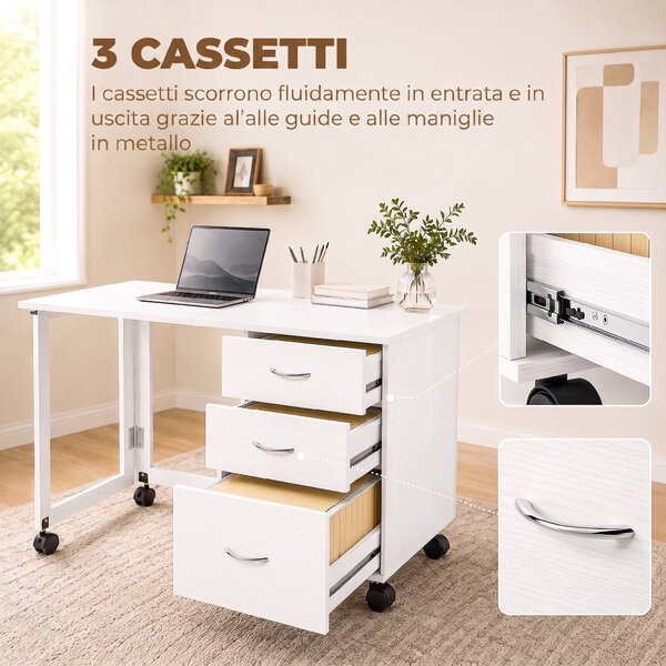 HOMCOM Scrivania Ufficio Pieghevole con 3 Cassetti, 4 Ruote con Freno, Bianco | Aosom Italy