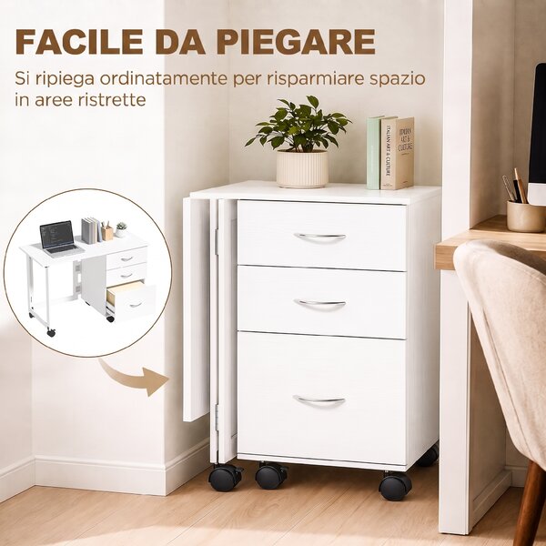 HOMCOM Scrivania Ufficio Pieghevole con 3 Cassetti, 4 Ruote con Freno, Bianco | Aosom Italy