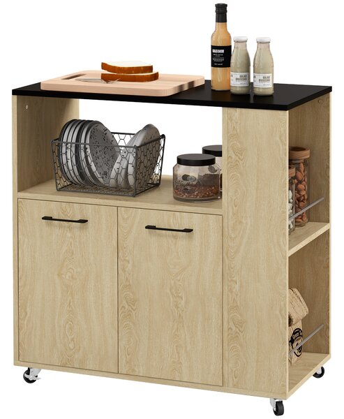 HOMCOM Carrello da Cucina con Ripiano Aperto, Armadietto e Scaffale Laterale, in Legno, Mobiletto Cucina con Ruote, Rovere e Nero | Aosom Italy