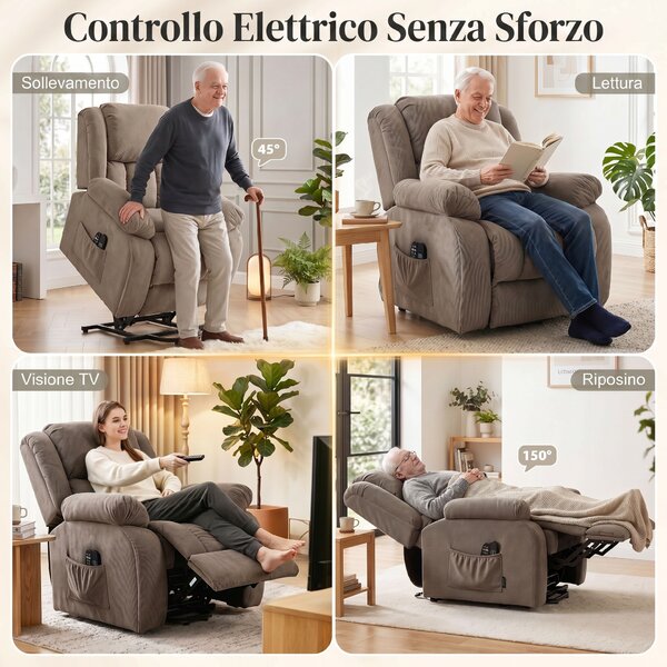 HOMCOM Poltrona Moderno Imbottita Alzapersona con 2 Tasche e Telecomando, poggiapiedi e riscaldamento, 93x104x105 cm, Marrone | Aosom Italy