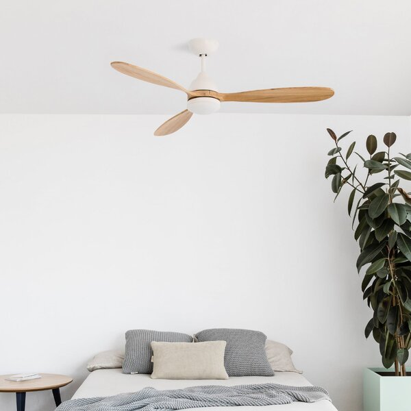 Ventilatore da soffitto Poros, lampada LED, Ø 132 cm, bianco/legno chiaro FARO BARCELONA, Poros, dimmerabile, Bianco, Soggiorno, Metallo, Moderno