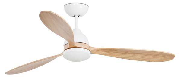 Ventilatore da soffitto Poros, lampada LED, Ø 132 cm, bianco/legno chiaro FARO BARCELONA, Poros, dimmerabile, Bianco, Soggiorno, Metallo, Moderno