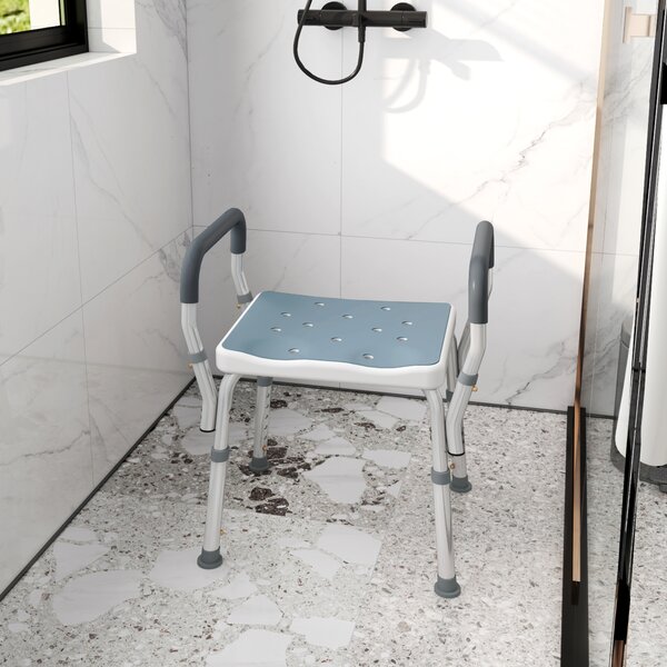 HOMCOM Sgabello per Doccia Regolabile con Braccioli e Fori di Drenaggio, in Alluminio, HDPE e EVA, 52x45x57-69 cm | Aosom Italy