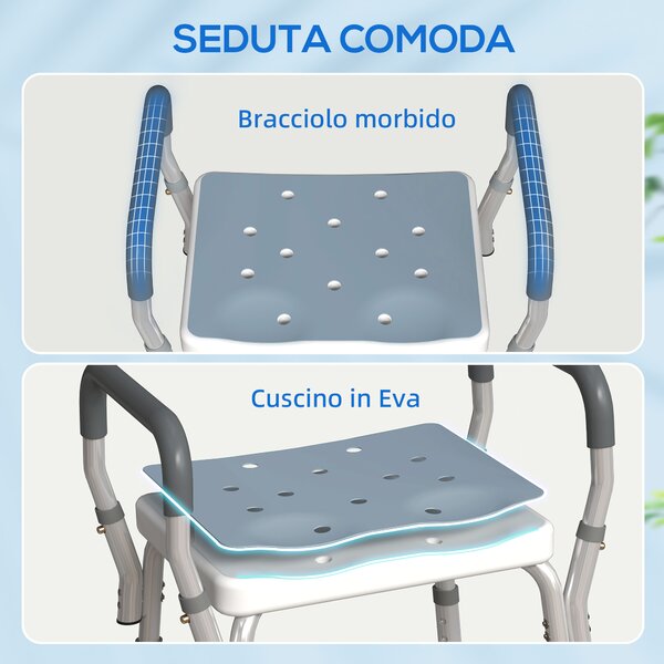 HOMCOM Sgabello per Doccia Regolabile con Braccioli e Fori di Drenaggio, in Alluminio, HDPE e EVA, 52x45x57-69 cm | Aosom Italy