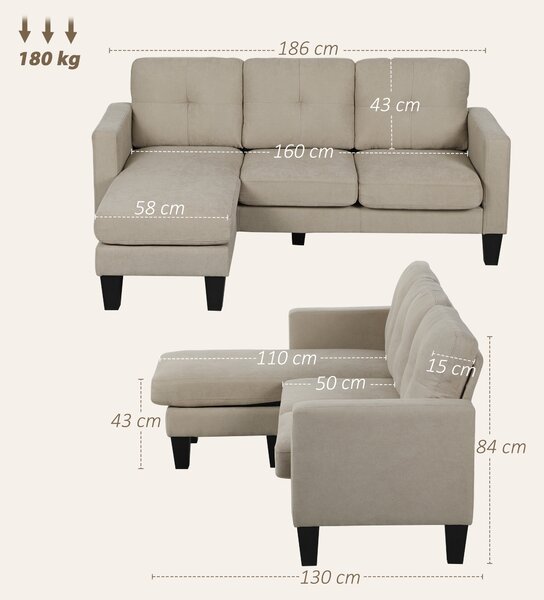 HOMCOM Divano angolare 3 Posti con chaise longue reversibile, 186x130x84 cm, Beige | Aosom Italy