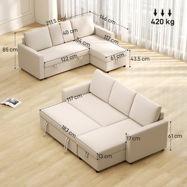 Divano Angolare 3 Posti HOMCOM Con Chaise Longue Reversibile - In Lino Grigio, 193x136x85 Cm - Foto 8