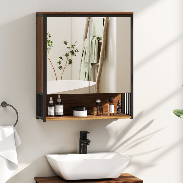 HOMCOM Mobiletto con Specchio Sospeso da Bagno in MDF, Truciolato, 56x20x65 cm, Marrone | Aosom Italy