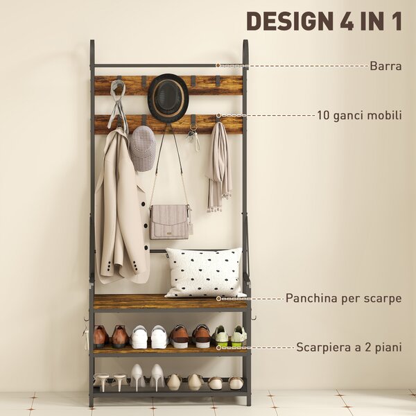 HOMCOM Appendiabiti da Ingresso con Asta, 10 Ganci, Panca e Scarpiera, in Legno e Metallo, 80x40x182 cm, Marrone e Nero | Aosom Italy