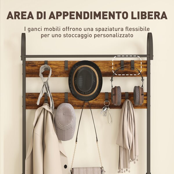 HOMCOM Appendiabiti da Ingresso con Asta, 10 Ganci, Panca e Scarpiera, in Legno e Metallo, 80x40x182 cm, Marrone e Nero | Aosom Italy