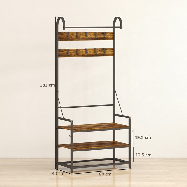 HOMCOM Appendiabiti da Ingresso con Asta, 10 Ganci, Panca e Scarpiera, in Legno e Metallo, 80x40x182 cm, Marrone e Nero | Aosom Italy
