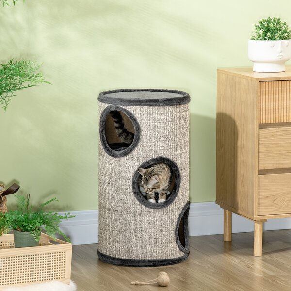 Cuccia per Gatti a 3 Livelli Ø38x70cm con Tiragraffi in Sisal e Peluche Grigio