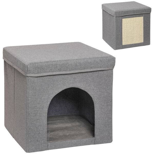 PawHut Casetta per Gatti Pieghevole a Cubo con Cuscino e Tappetino Tiragraffi, 36.5x36.5x36.5 cm, Grigio | Aosom Italy