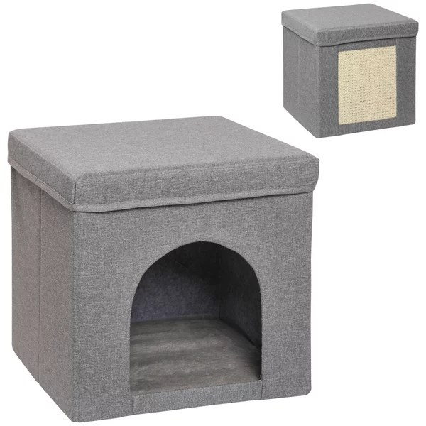 PawHut Casetta per Gatti Pieghevole a Cubo con Cuscino e Tappetino Tiragraffi, 36.5x36.5x36.5 cm, Grigio | Aosom Italy