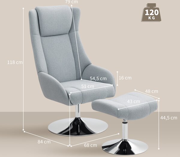HOMCOM Poltrona Imbottita Girevole con Poggiapiedi, Reclinabile, 84x68x118 cm, Grigio | Aosom Italy