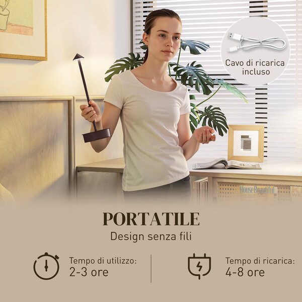HOMCOM Lampada da Tavolo Touch Ricaricabile con USB, Regolabile 3000K/4500K/6500K, Autonomia 4-8 Ore, Caffè | Aosom Italy