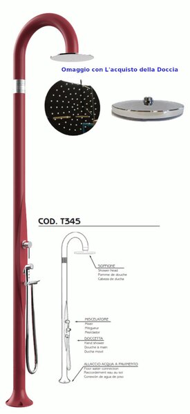 Doccia da Giardino Piscina in Resina FUNNY YIN ROSSO Dimensioni 232x30x17 cm - peso 10 kg con Soffione 250 mm Con Doccino mobile colore Rosso