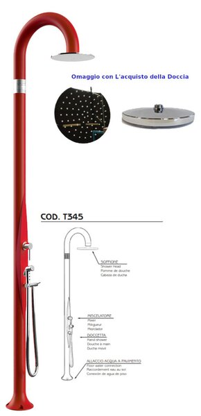 Doccia da Giardino Piscina in Resina FUNNY YIN RUBY Dimensioni 232x30x17 cm - peso 10 kg con Soffione 250 mm Con Doccino mobile
