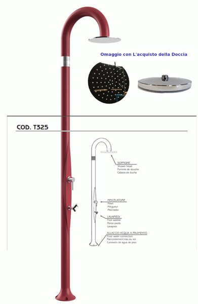 Doccia da Giardino Piscina in Resina FUNNY YIN ROSSO Dimensioni 232x30x17 cm - peso 9,5 kg con Soffione 250 mm miscelatore caldo e freddo pi� lavapiedi