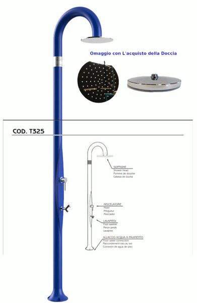 Doccia da Giardino Piscina in Resina FUNNY YIN BLU Dimensioni 232x30x17 cm - peso 9,5 kg con Soffione 250 mm miscelatore caldo e freddo pi� lavapiedi