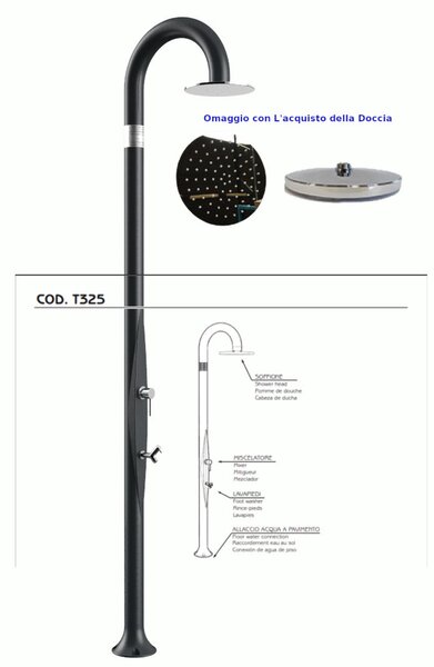 Doccia da Giardino Piscina in Resina FUNNY YIN ANTRACITE Dimensioni 232x30x17 cm - peso 9,5 kg con Soffione 250 mm miscelatore caldo e freddo pi� lavapiedi