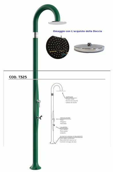 Doccia da Giardino Piscina in Resina FUNNY YIN VERDE Dimensioni 232x30x17 cm - peso 9,5 kg con Soffione 250 mm miscelatore caldo e freddo pi� lavapiedi