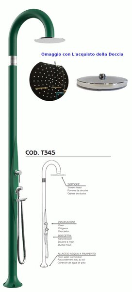 Doccia da Giardino Piscina in Resina FUNNY YIN VERDE Dimensioni 232x30x17 cm - peso 10 kg con Soffione 250 mm Con Doccino mobile